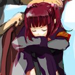  1girl amakusa_juuza armband bad_id bad_pixiv_id bangs blanket blunt_bangs closed_eyes covering_with_blanket crossed_arms eyelashes gm hair_bobbles hair_ornament red_hair sleeping solo_focus twintails umineko_no_naku_koro_ni ushiromiya_ange 