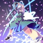  :&lt; arms_up bell blue_eyes bobby_socks dual_wielding foreshortening ghost glaring hairband holding jingle_bell katana konpaku_youmu konpaku_youmu_(ghost) looking_at_viewer muku_(muku-coffee) petals short_hair silver_hair socks solo sword touhou weapon 