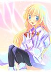  blonde_hair blue_eyes choker collet_brunel long_hair pantyhose shuragyoku_mami smile tales_of_(series) tales_of_symphonia thighhighs tomato 