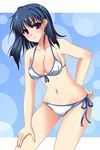  aoi_shiro bikini blue_hair breasts cleavage front-tie_bikini front-tie_top hand_on_hip large_breasts leaning_forward osanai_shouko purple_eyes shiboru shiny shiny_skin short_hair side-tie_bikini solo string_bikini swimsuit wide_hips 