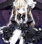  bed blond_hair blonde_hair blue_eyes frills frilly goth gothic hair_ribbon long_hair lowres ribbon sitting stocking thighhighs 