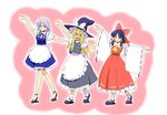  :d apron bad_id bad_pixiv_id blonde_hair dancing detached_sleeves embarrassed hakurei_reimu high_heels ikuya_koimori izayoi_sakuya kirisame_marisa maid multiple_girls open_mouth shoes smile sweatdrop touhou 