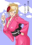  blonde_hair blue_eyes breasts cleavage flower food ice_cream japanese_clothes kashi_(pixiv37139) large_breasts mole mole_under_mouth one_eye_closed original rose solo translated 