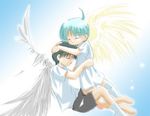  2boys angel_wings black_hair boy eyes_closed green_hair hug lowres male male_focus multiple_boys wings 