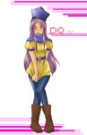  alena alena_(dq4) alena_(dq4)_(cosplay) blush boots copyright_name cosplay dragon_quest dragon_quest_iv embarrassed hat hatori_naruyoshi long_hair pantyhose purple_eyes purple_hair skirt skirt_tug yellow_skirt 