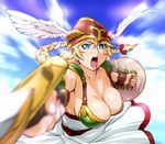  armor armored_dress blonde_hair blue_eyes braid breasts cleavage foreshortening green_armor helmet large_breasts long_hair open_mouth shield solo sword ueyama_michirou valkyrie_(vnd) valkyrie_no_densetsu weapon winged_helmet 