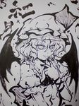  archienemy bad_id bad_pixiv_id bat_wings blood hat monochrome purple remilia_scarlet short_hair solo touhou traditional_media wings 