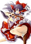  bad_id bad_pixiv_id black_hair bow detached_sleeves gohei hair_bow hair_ornament hakurei_reimu laughing long_hair panties pantyshot platinumcorundum purple_eyes purple_hair ribbon shoes skirt smile socks solo touhou underwear upskirt 