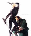  blonde_hair brown_hair cigarette fingerless_gloves gloves gun headset iroquois_pliskin male_focus metal_gear_(series) metal_gear_solid metal_gear_solid_2 military military_uniform multiple_boys raiden rifle solid_snake sword uniform usagi_me weapon 