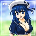  arin beret blue_eyes blue_hair blush breasts cleavage hat large_breasts long_hair open_mouth pangya shimeta_hiromitsu solo 