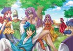  5boys alena_(dq4) bikini breasts brey cape circlet cleavage clift dark_skin day dragon_quest dragon_quest_iv dress everyone facial_hair fuuka_(toy_jump) gloves hat helmet hero_(dq4) jewelry large_breasts long_hair manya minea multiple_boys multiple_girls mustache necklace open_mouth pantyhose pelvic_curtain purple_eyes purple_hair red_eyes red_hair ryan_(dq4) siblings sisters sleeping slime_(dragon_quest) smile swimsuit torneko tree yellow_dress 