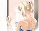  ahoge artoria_pendragon_(all) back bare_back bare_shoulders blonde_hair fate/stay_night fate_(series) fukurou green_eyes hands nape outstretched_hand ponytail saber short_hair solo towel upper_body wet 