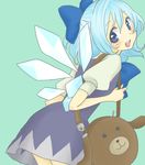  bad_id bad_pixiv_id bag blue_eyes blue_hair blush bow cirno fairy leaning_forward looking_back mitsuko open_mouth ribbon short_hair smile solo tareme touhou wings 