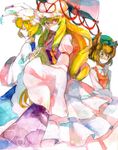  animal_ears bad_id bad_pixiv_id blonde_hair brown_hair cat_ears chen earrings hat highres hm jewelry long_hair long_sleeves multiple_girls pillow_hat short_hair tassel touhou traditional_media umbrella wide_sleeves yakumo_ran yakumo_yukari 