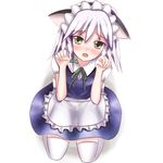  animal_ears blush bow braid cat_ears hair_bow izayoi_sakuya maid maid_headdress non_(nobu) open_mouth paw_pose solo thighhighs touhou twin_braids white_hair yellow_eyes 