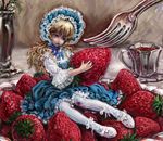  blonde_hair blue_eyes bonnet copyright_request cup densen_maniya food fork fruit in_food long_hair minigirl sitting solo strawberry 