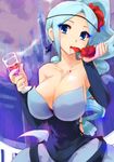  alcohol bad_id bad_pixiv_id bemani blue_eyes blue_hair breasts cleavage dress drill_hair flower huge_breasts kamaboko_red long_hair pop'n_music rose rosemary_(pop'n_music) solo wine 