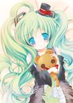  aqua_hair blue_eyes catbell character_name detached_sleeves frills hat hatsune_miku long_hair looking_at_viewer mini_hat mini_top_hat necktie solo stuffed_animal stuffed_toy teddy_bear top_hat twintails vocaloid 