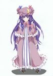  :&lt; blush bow crescent dress hat long_hair matsushita_yuu patchouli_knowledge pink_bow purple_eyes purple_hair ribbon solo standing touhou very_long_hair 