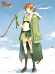  boots bow_(weapon) breath brown_hair coat day earmuffs fur_trim gloves green_eyes itsukawa_kiduku jacket_on_shoulders jewelry knee_boots long_coat midriff navel necklace original short_hair skirt sky snow snowing solo tail weapon 