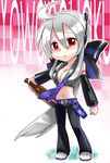  ahoge alcohol bottle breasts caffein chibi cleavage detached_sleeves headphones large_breasts long_hair red_eyes silver_hair solo tears very_long_hair vocaloid voyakiloid yowane_haku 