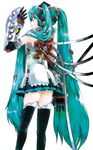 ak2 aqua_eyes aqua_hair cable detached_sleeves from_behind hair_ornament hairclip hatsune_miku highres long_hair looking_back miniskirt pleated_skirt skirt smile solo thighhighs twintails very_long_hair vocaloid zettai_ryouiki 