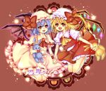  bunny fang flandre_scarlet full_body hat highres holding_hands interlocked_fingers mary_janes mata multiple_girls red_background remilia_scarlet shoes siblings sisters socks stuffed_animal stuffed_bunny stuffed_toy touhou wallpaper wings wrist_cuffs 