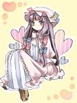  bad_id bad_pixiv_id bangs blunt_bangs bow crescent cross-laced_footwear hair_bow hair_ribbon hat heart lk_(artist) long_hair patchouli_knowledge pink_bow purple_eyes purple_hair ribbon sitting solo striped touhou 