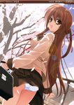  absurdres ass briefcase brown_eyes brown_hair cherry_blossoms copyright_request fumio_(ura_fmo) hair_ribbon highres long_hair panties pantyshot ribbon school_uniform solo underwear white_panties 