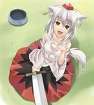  animal_ears bad_id bad_pixiv_id bare_shoulders detached_sleeves hat inubashiri_momiji kneeling looking_up open_mouth silver_hair smile solo sword tadokoro_teppei tail tokin_hat touhou weapon wolf_ears wolf_tail yellow_eyes 