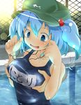  blue_eyes blue_hair blush breast_grab breasts collarbone commentary_request fence flanvia grabbing hair_bobbles hair_ornament hands hat highres jewelry kawashiro_nitori key large_breasts lens_flare necklace one-piece_swimsuit open_mouth pool school_swimsuit skindentation solo_focus sun swimsuit touhou translated two_side_up water wavy_mouth 