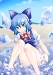  aqua_eyes blue_hair cirno hair_ribbon highres ice ice_wings kurone ribbon seaside short_hair sitting solo thighs touhou wings 