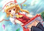  ascot bad_id bad_pixiv_id bandaid bandaid_on_pussy black_legwear blonde_hair blue_sky dress dress_lift fang flandre_scarlet garter_straps hat hat_ribbon lace lace-trimmed_thighhighs mob_cap no_panties open_mouth palm_tree puffy_sleeves red_eyes red_skirt ribbon shirt short_sleeves side_ponytail skirt sky smile solo thighhighs touhou tree white_crow wings wrist_cuffs 