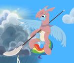  armor blade blue_fur cloud equine female feral flying friendship_is_magic fur geomancing hair lens_flare lense_flare lightning mammal multi-colored_hair my_little_pony outside pegasus polearm purple_eyes rain rainbow_dash_(mlp) rainbow_hair sky solo spear sun wings 