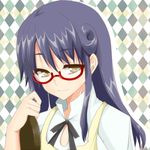  argyle argyle_background bad_id bad_pixiv_id black_hair brown_eyes glasses long_hair matsumoto_maya red-framed_eyewear saitou_ikura semi-rimless_eyewear solo tray under-rim_eyewear working!! 