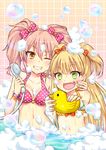  2girls bad_id bad_pixiv_id bathroom bathtub bikini blonde_hair blush breasts bubble cleavage eyelashes green_eyes grin hime_cut idolmaster idolmaster_cinderella_girls jougasaki_mika jougasaki_rika long_hair medium_breasts multiple_girls navel one_eye_closed open_mouth orange_eyes pink_hair random_(ningen_modoki) rubber_duck shared_bathing shower_head showering siblings sisters smile swimsuit symbol-shaped_pupils tile_wall tiles toy twintails two_side_up very_long_hair water 