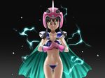  1girl alternate_eye_color angry armor azeruma bikini_armor black_background black_hair breasts cape chi-chi_(dragon_ball) chichi dragon_ball electricity female gloves helmet highres long_hair looking_at_viewer navel red_eyes solo spring67 thigh_gap 