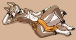  canine collar coyote ear_piercing jewelry licking licking_lips loincloth lying male mammal on_back piercing royalty_(artist) solo spread_legs spreading terak tongue 