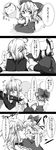  1girl 4koma :3 ahoge anger_vein animal_ears balloon bow cat_ears cat_tail cigarette comic detached_sleeves from_behind glasses greyscale hair_bow hair_tubes hakurei_reimu highres kurobane minigirl monochrome morichika_rinnosuke sitting smoke smoking tail touhou translated tsundere v-shaped_eyebrows wide_sleeves 