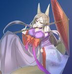  animal_ears bare_shoulders breasts colorized fox_ears kagerou_(shadowmage) large_breasts long_hair original parasol simple_background solo umbrella 