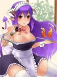  bare_shoulders biscuit breasts cake cleavage demon_girl demon_tail drinking_straw food highres horns ice_cream large_breasts original pointy_ears purple_hair red_eyes sakushin smile solo sundae tail thighhighs tray white_legwear wrist_cuffs zettai_ryouiki 