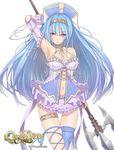  blue_hair breasts chrono_dios kagerou_(shadowmage) large_breasts long_hair original purple_eyes simple_background solo very_long_hair weapon white_background 