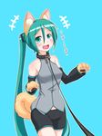  animal_ears collar detached_sleeves dog_ears dog_paws dog_tail fangs green_eyes green_hair hatsune_miku highres leash long_hair looking_at_viewer oonishi_shunsuke open_mouth paws shorts solo tail twintails very_long_hair vocaloid 