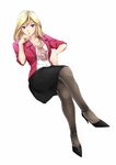  blonde_hair blue_eyes breasts cleavage crossed_legs fashion full_body glasses high_heels hiyoko_daiou long_hair looking_at_viewer medium_breasts original pantyhose shoes simple_background sitting skirt sleeves_rolled_up solo uniform 