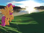  bay butterfly cgi cliff cub cutie_mark equine female feral flying friendship_is_magic fur grass hair hill hills hooves horse insect landscape lens_flare mammal mane my_little_pony older orange_body orange_fur pegasus purple_eyes purple_hair scootaloo_(mlp) sea sunrise sunset supuhstar vector water wings young 