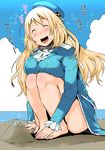  :d ^_^ atago_(kantai_collection) barefoot blonde_hair blue_hat blush breasts closed_eyes cloud day hat kantai_collection large_breasts long_hair military military_uniform no_legwear ojo_(dfreak) open_mouth sand sky smile solo sparkle squatting sweat uniform 