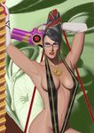  amulet armpits arms_up bayonetta bayonetta_(character) black_hair blue_eyes breasts elbow_gloves eyeshadow giant glasses gloves gun hair_ribbon handgun jewelry lipstick long_hair makeup medium_breasts mole mole_under_mouth navel necklace realistic ribbon slap_mark slingshot_swimsuit solo_focus swimsuit tears toned tsuru_kame weapon white_gloves 