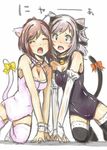  animal_ears blush bow breasts brown_hair cat_ears cat_tail cleavage closed_eyes drill_hair hair_bow idolmaster idolmaster_cinderella_girls kanzaki_ranko kemonomimi_mode looking_at_viewer maekawa_miku medium_breasts mistrail multiple_girls open_mouth red_eyes short_hair silver_hair sketch swimsuit tail thighhighs twin_drills twintails 