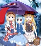  alice_margatroid apron basket black_dress blonde_hair blue_eyes blue_hair book bow braid capelet closed_eyes dress forest grimoire grimoire_of_alice hairband hat hat_bow highres juliet_sleeves karakasa_obake kirisame_marisa lolita_hairband long_hair long_sleeves multiple_girls mushroom nature open_mouth path puffy_sleeves purple_umbrella rain road ruu_(tksymkw) sash shared_umbrella shirt short_hair short_sleeves single_braid skirt skirt_set smile tatara_kogasa touhou tsukumogami umbrella very_long_hair vest waist_apron witch_hat wrist_cuffs 