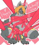  areola bdsm blush bondage bound bow breasts canine crouching english_text female fur grey_fur holidays looking_at_viewer mammal nude red_eyes ribbon_bondage ribbons solo text valentine&#039;s_day valentine's_day wolf 